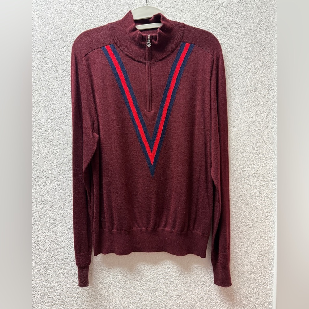 G/FORE Burgundy Zip Mock-Neck Sweater with Navy & Red V-Stripe